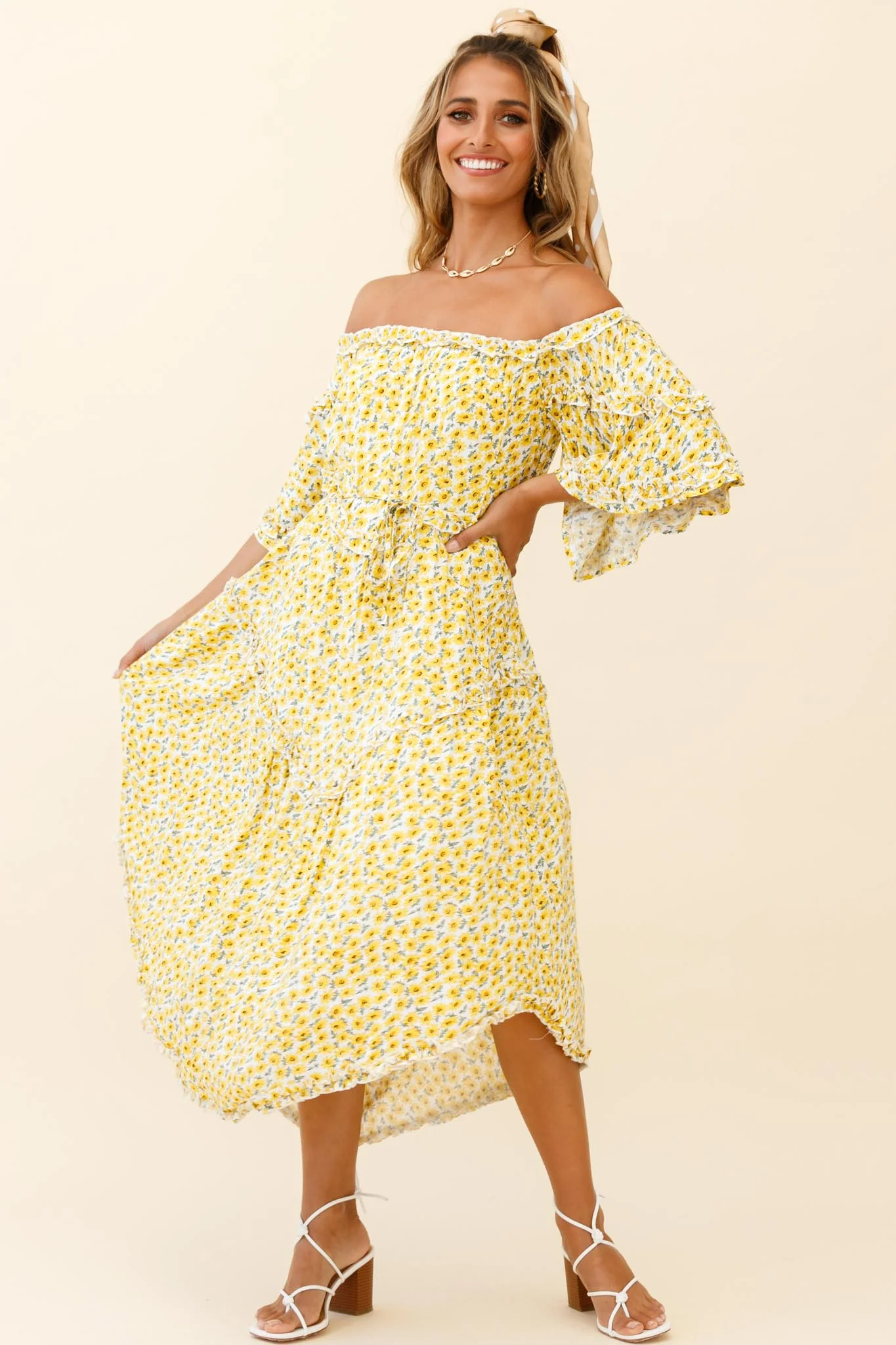 Renoir Off-Shoulder Frill Trim Dress Floral Print Yellow - Image 5