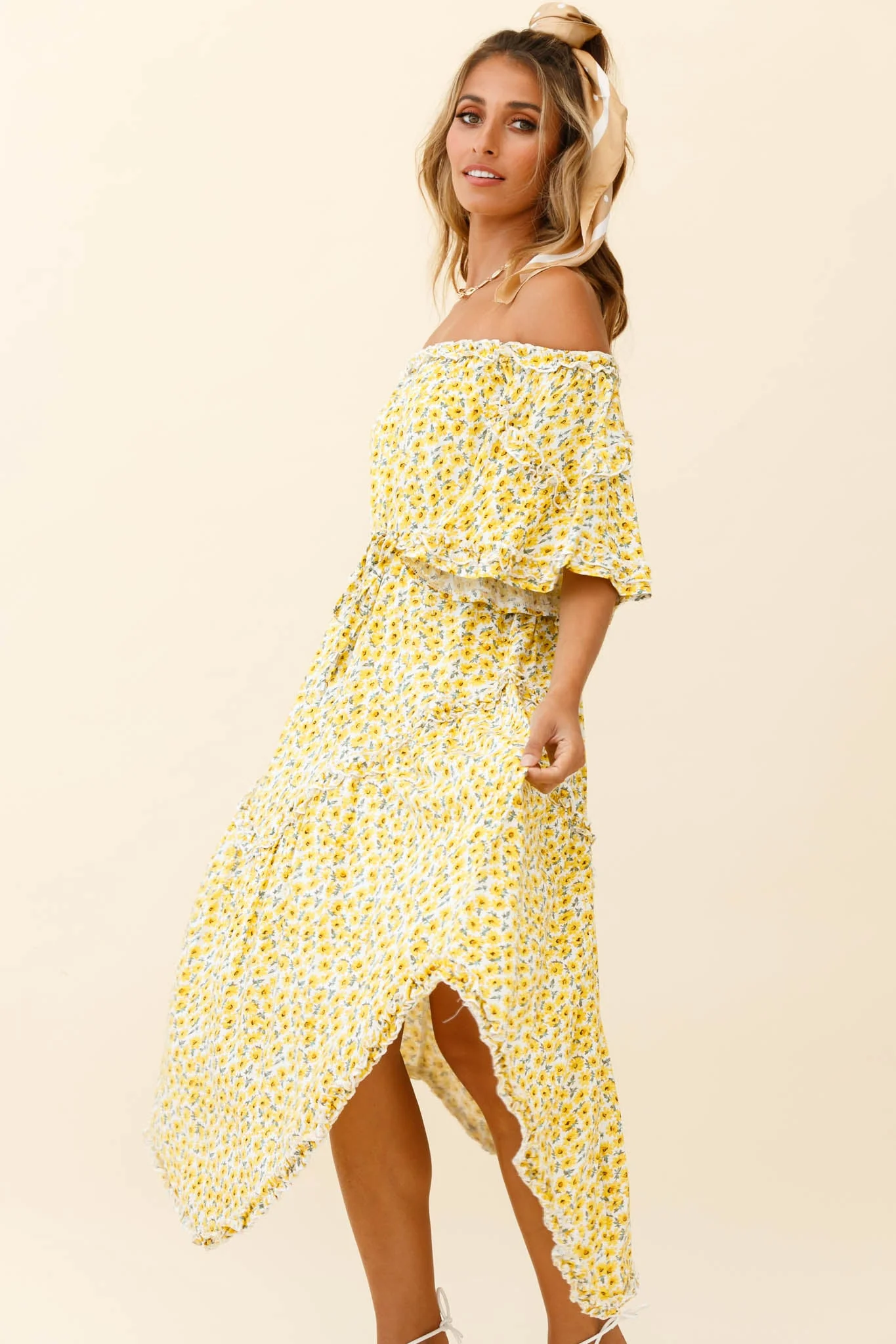 Renoir Off-Shoulder Frill Trim Dress Floral Print Yellow - Image 6
