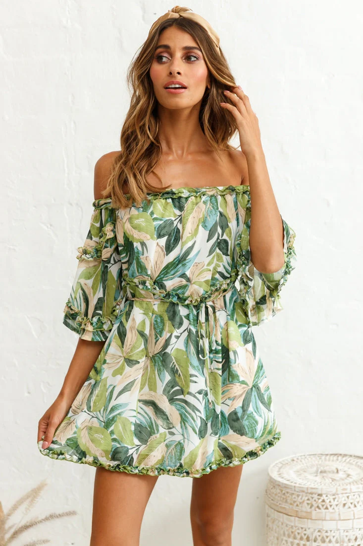 Renoir Off-Shoulder Frill Trim Dress Leaf Print White/Green - Image 2