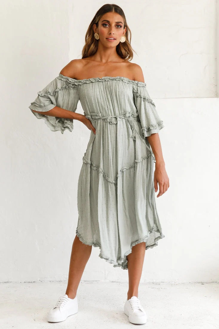 Renoir Off-Shoulder Frill Trim Midi Dress Olive - Image 2