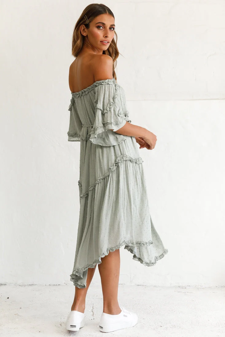 Renoir Off-Shoulder Frill Trim Midi Dress Olive - Image 3