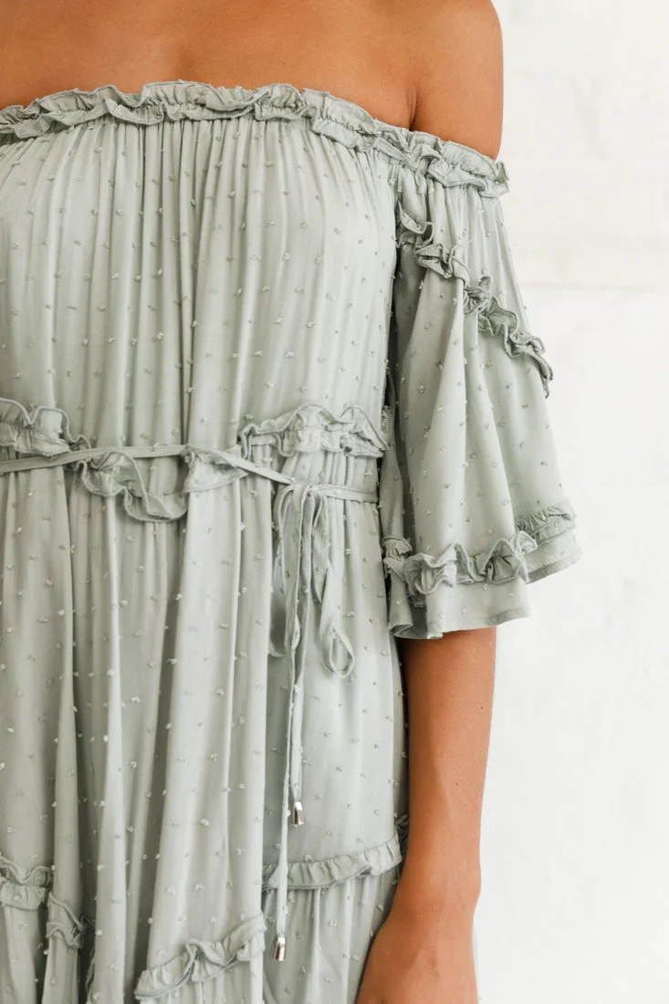 Renoir Off-Shoulder Frill Trim Midi Dress Olive - Image 4
