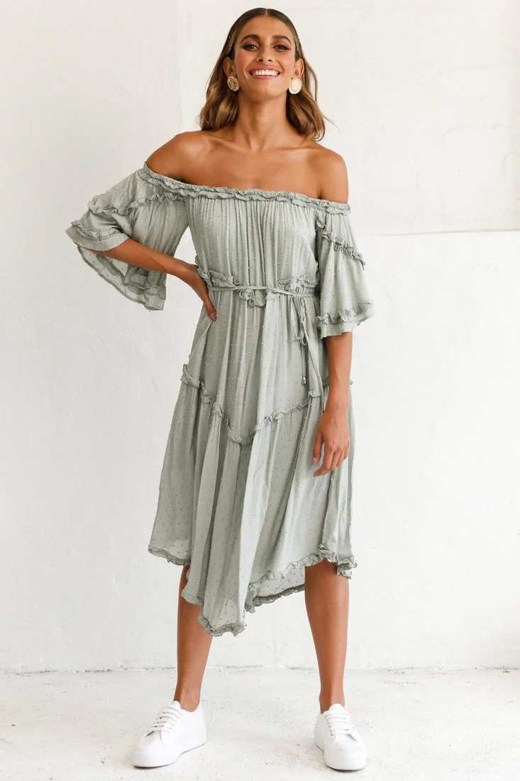 Renoir Off-Shoulder Frill Trim Midi Dress Olive - Image 5