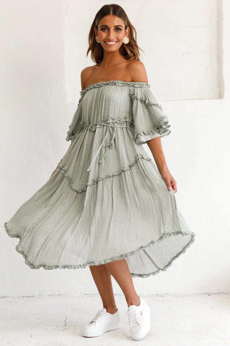 Renoir Off-Shoulder Frill Trim Midi Dress Olive - Image 6