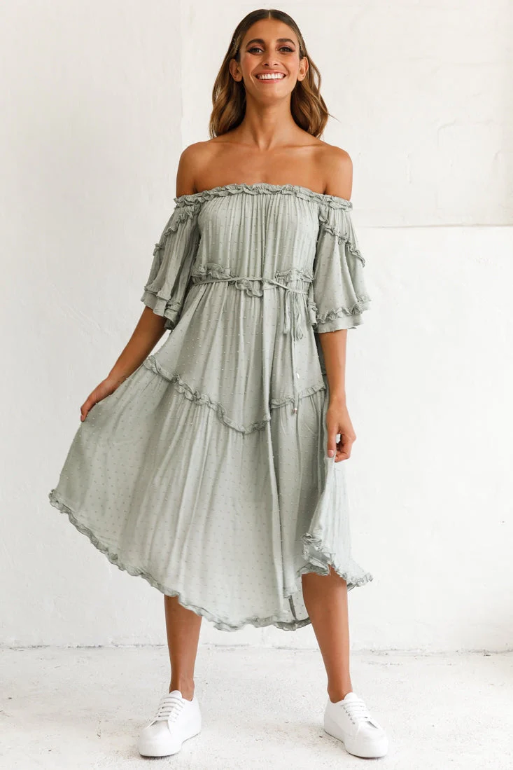 Renoir Off-Shoulder Frill Trim Midi Dress Olive - Image 7
