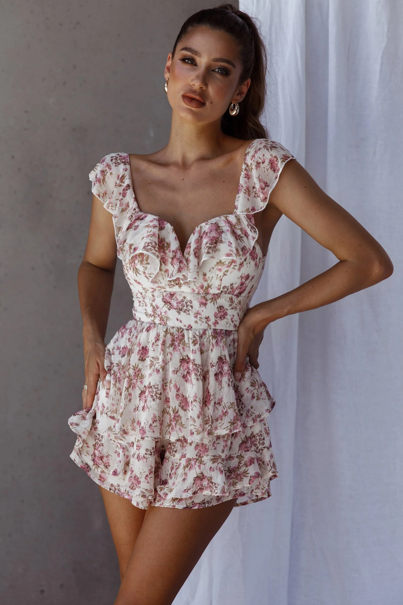 Revel Ruffle Trim Tied Back Romper Floral Pink - Image 6
