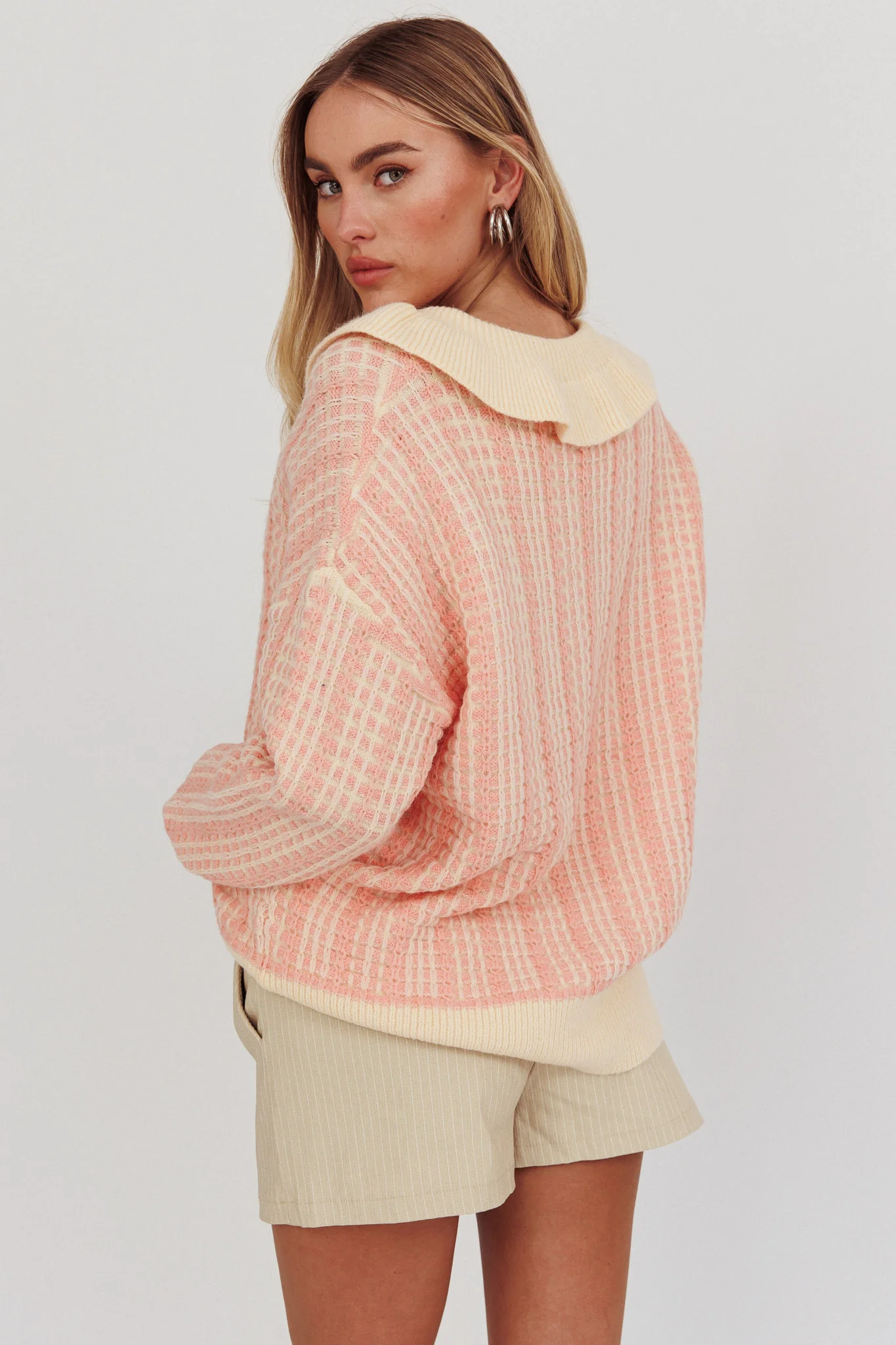 Rewrite Quarter Button Knit Sweater Coral - Image 2