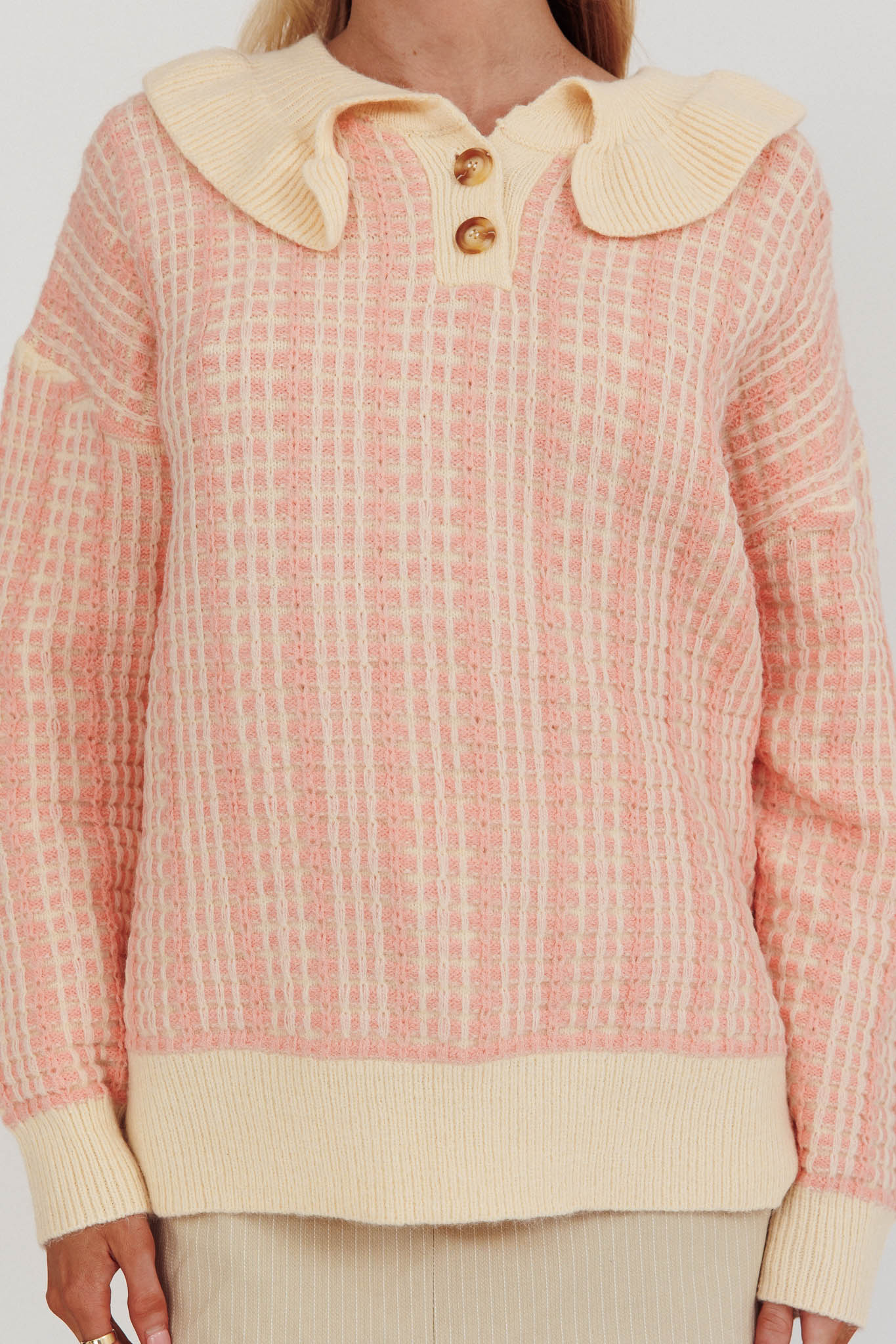 Rewrite Quarter Button Knit Sweater Coral - Image 3