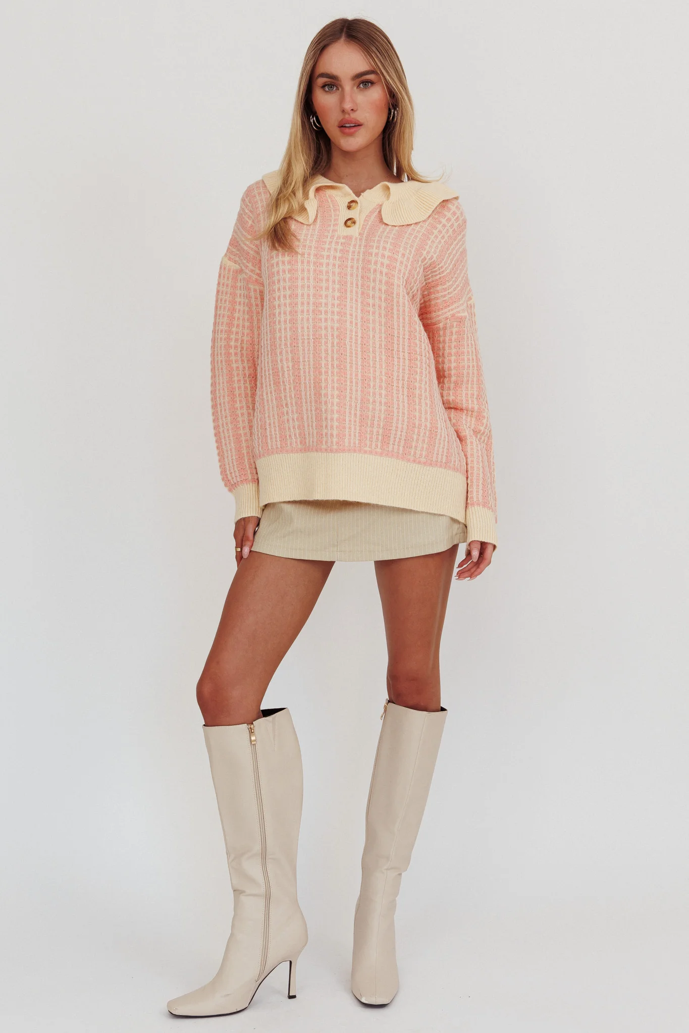 Rewrite Quarter Button Knit Sweater Coral - Image 4