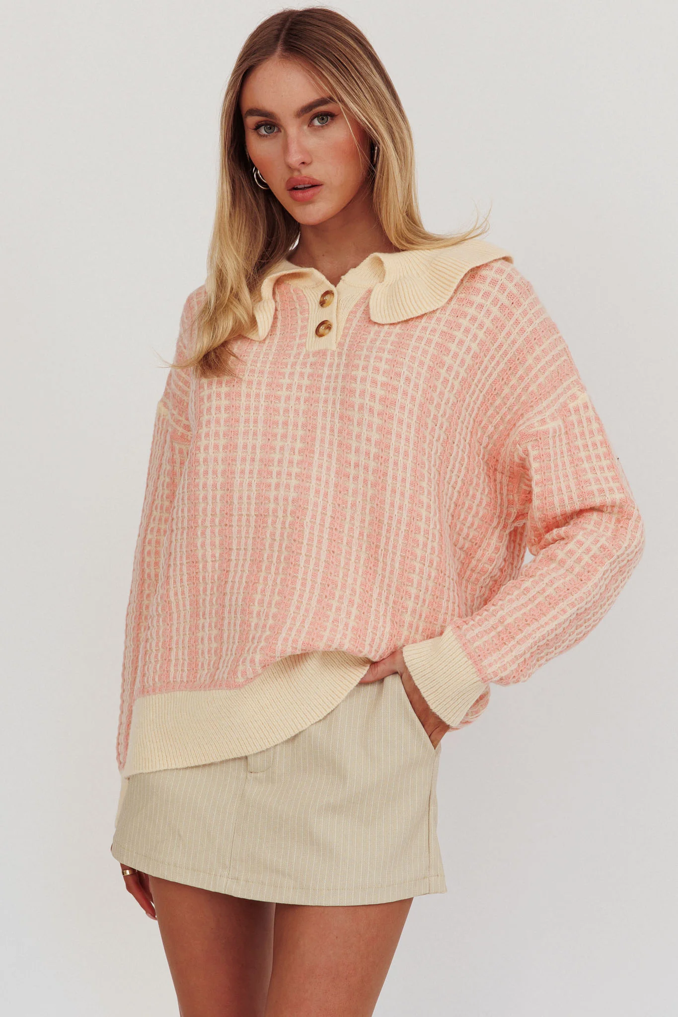 Rewrite Quarter Button Knit Sweater Coral - Image 5