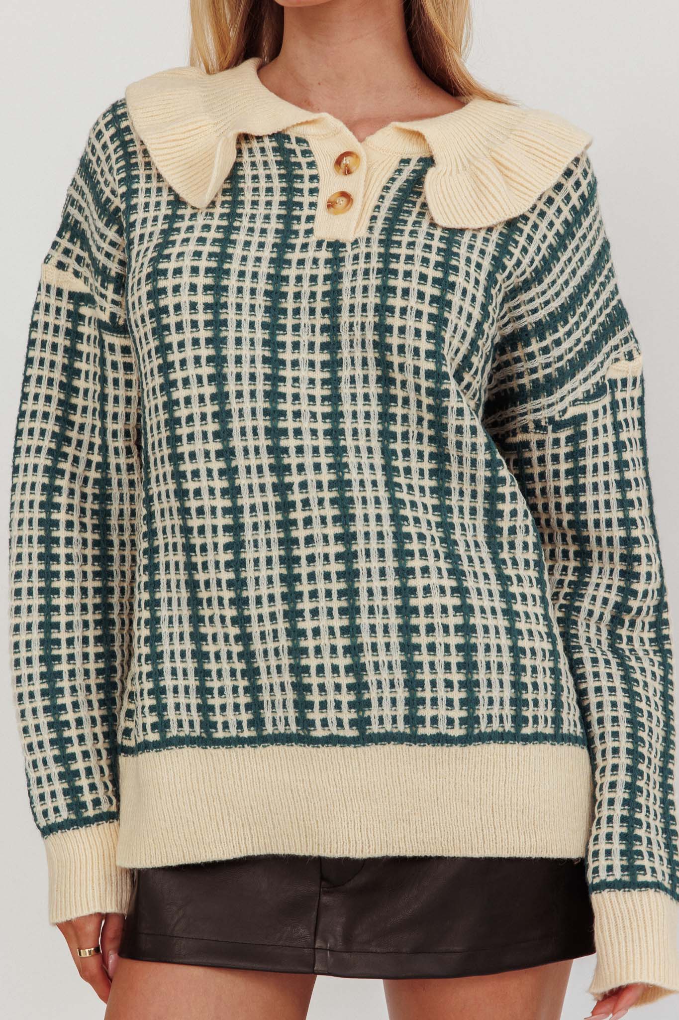 Rewrite Quarter Button Knit Sweater Emerald - Image 4