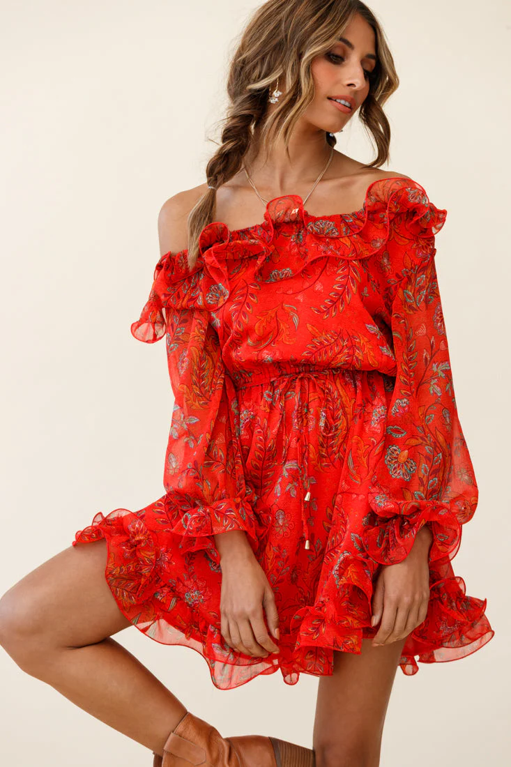 Rhiannon Off-Shoulder Lettuce Frill Dress Floral Print Red - Image 3