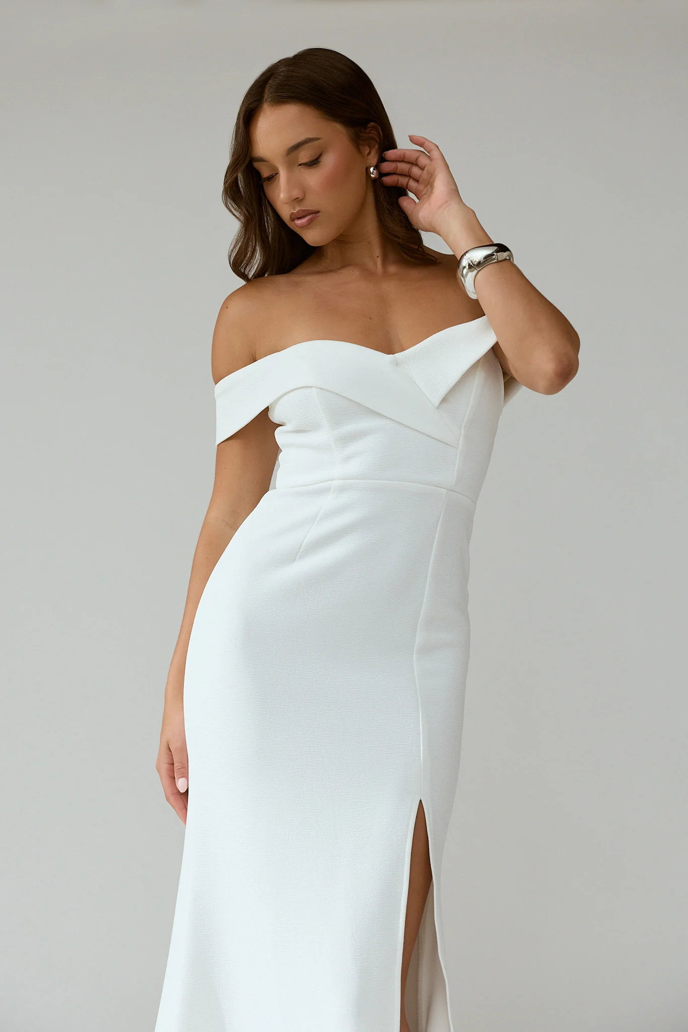 Rider Off-Shoulder Front Split Maxi Dress White - Image 4