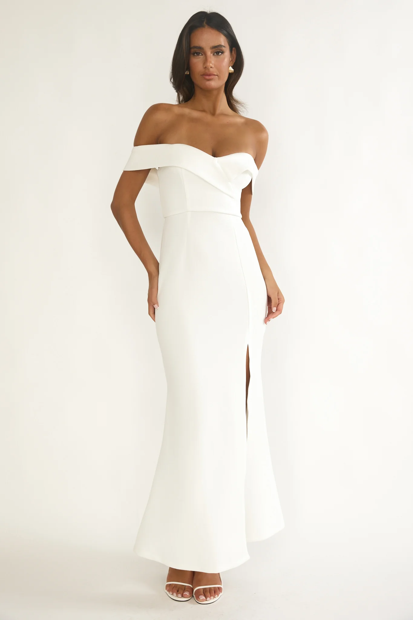 Rider Off-Shoulder Front Split Maxi Dress White - Image 5