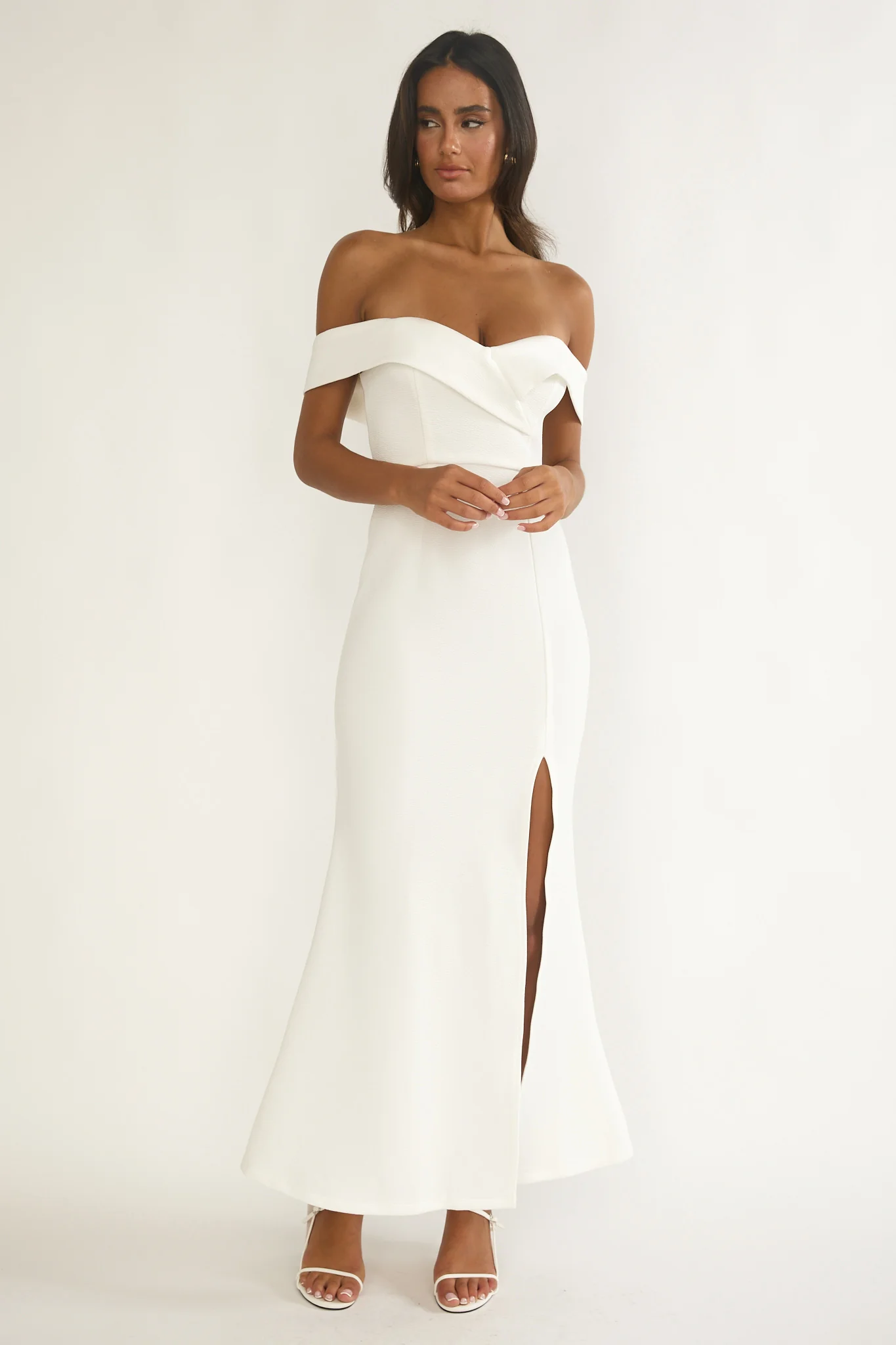 Rider Off-Shoulder Front Split Maxi Dress White - Image 9