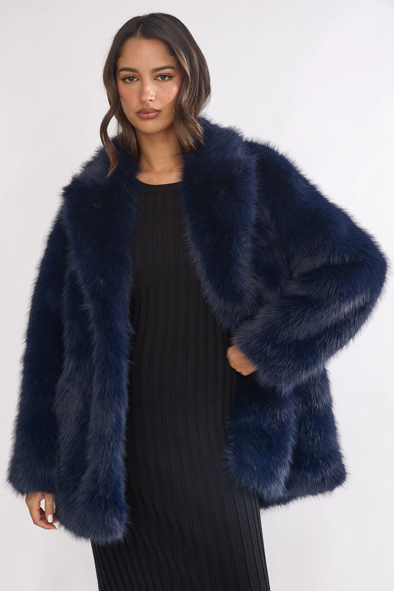Rilani Faux Fur Pocket Coat Navy - Image 2