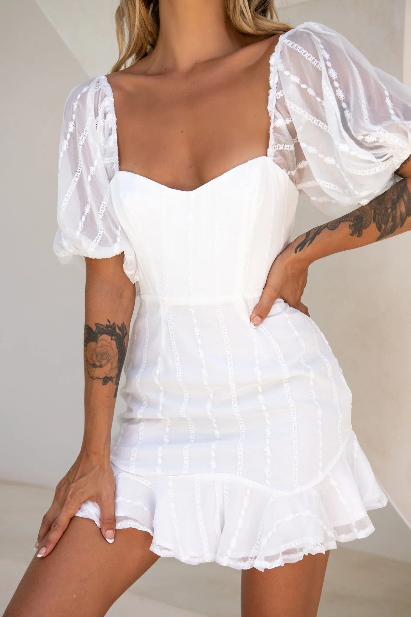 Ring My Bell Sheer Puff Sleeve Embroidery Detail Dress White - Image 4