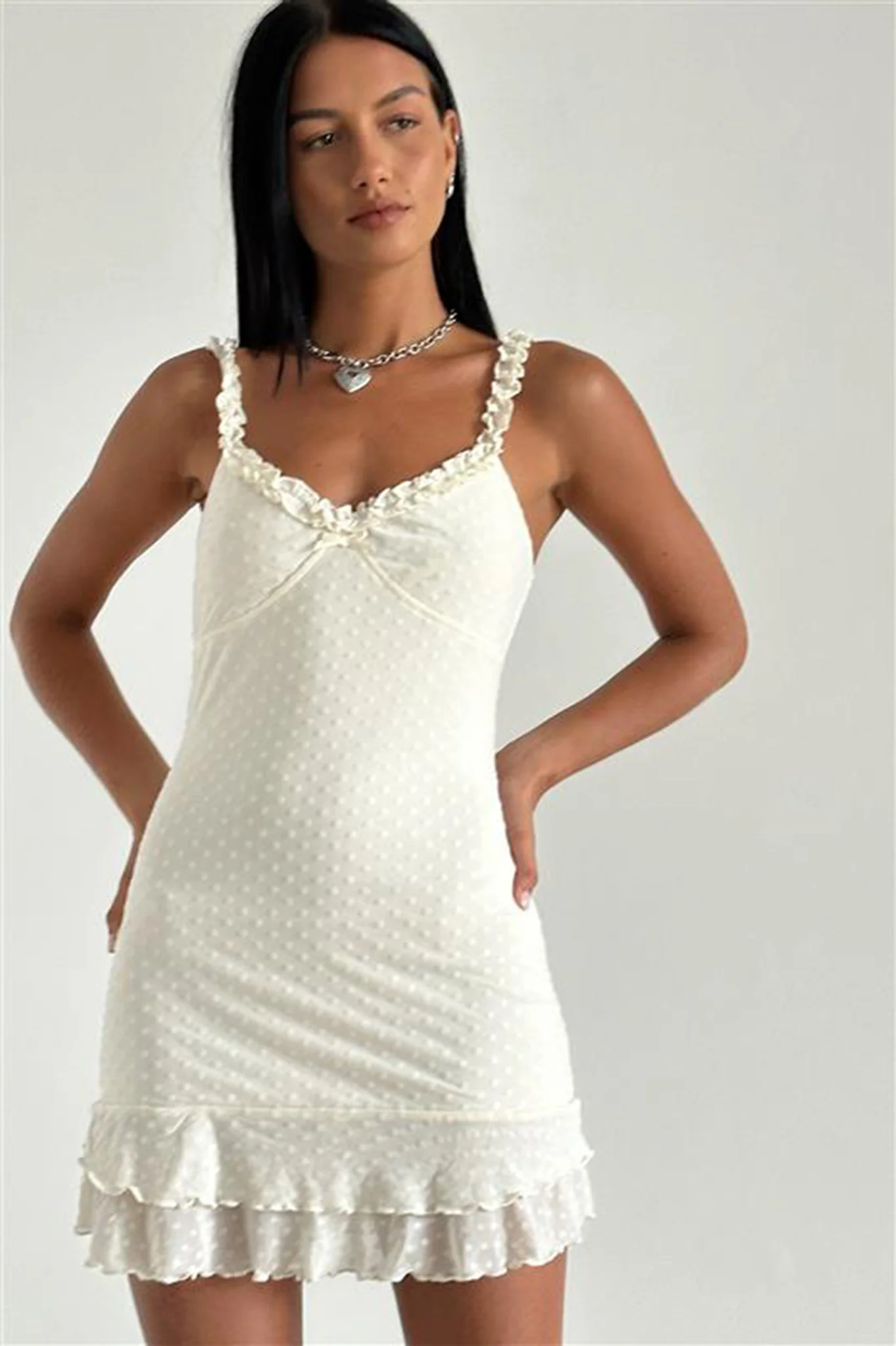 Riri Frill Strap Textured Mini Dress Ivory - Image 4