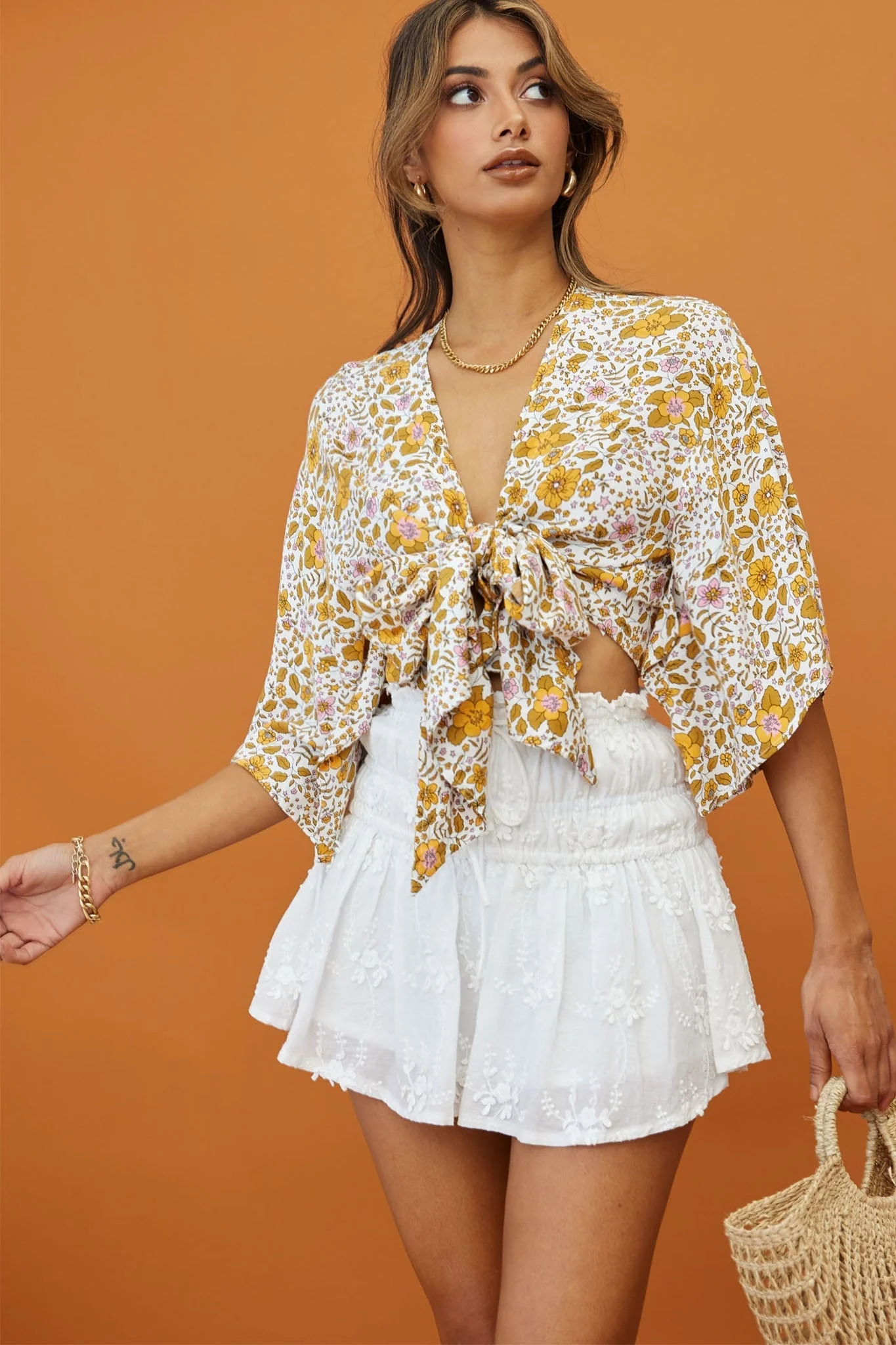 Rivera Deep-V Tie Front Crop Top Floral Print White/Yellow - Image 4