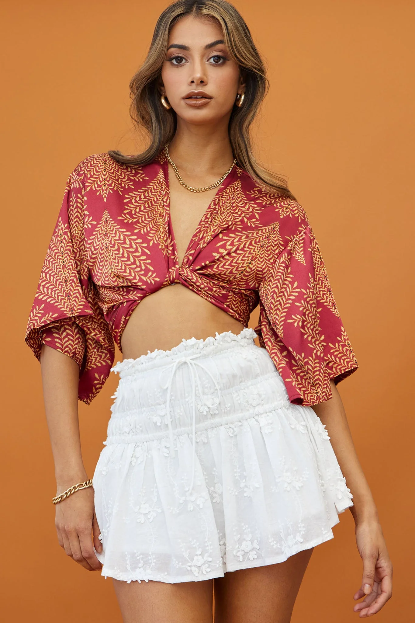 Rivera Deep-V Waist-Tie Top Leaf Print Wine - Image 5