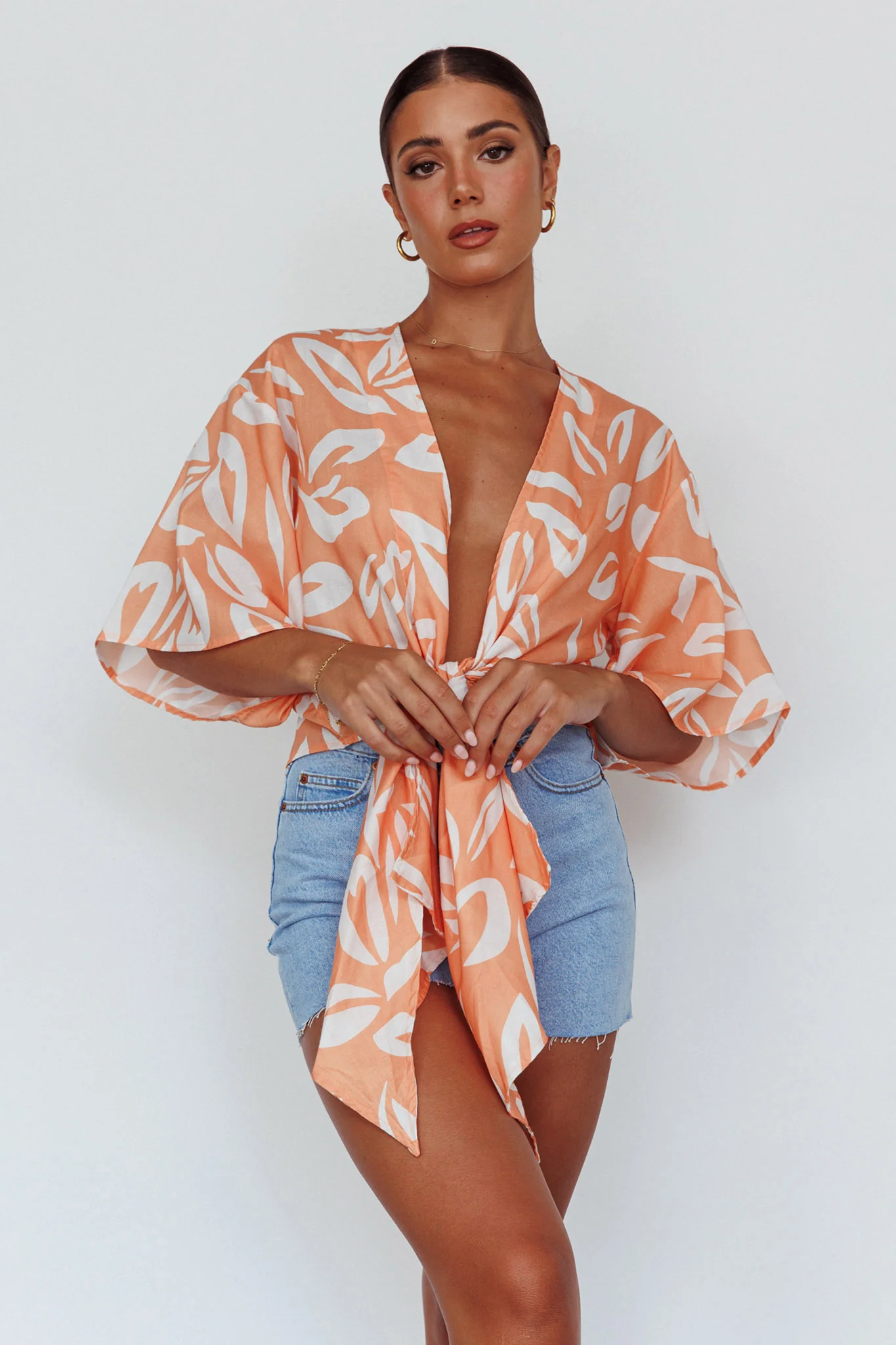 Rivera Deep-V Waist-Tie Top Leaves Mango - Image 3