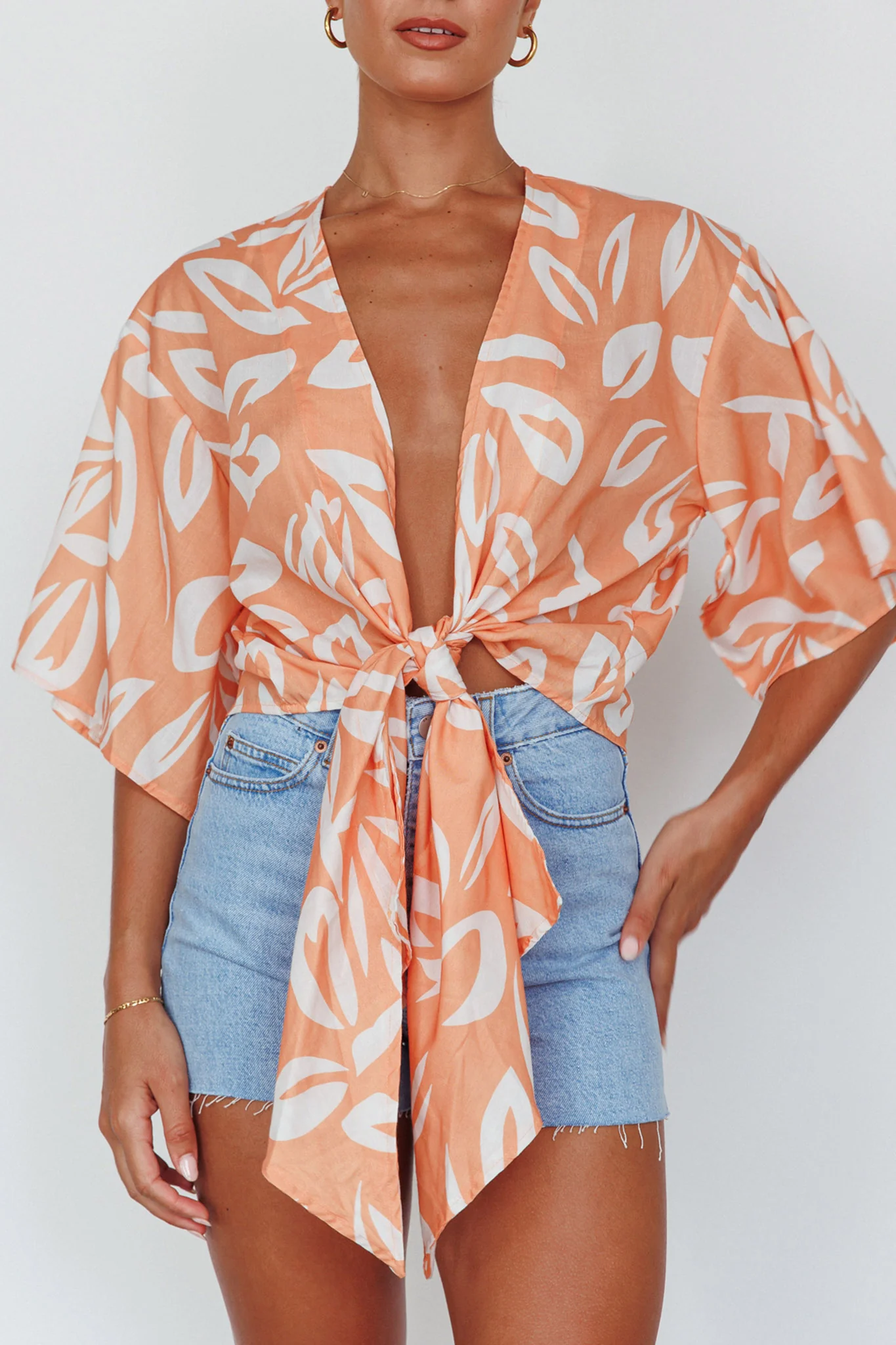 Rivera Deep-V Waist-Tie Top Leaves Mango - Image 4