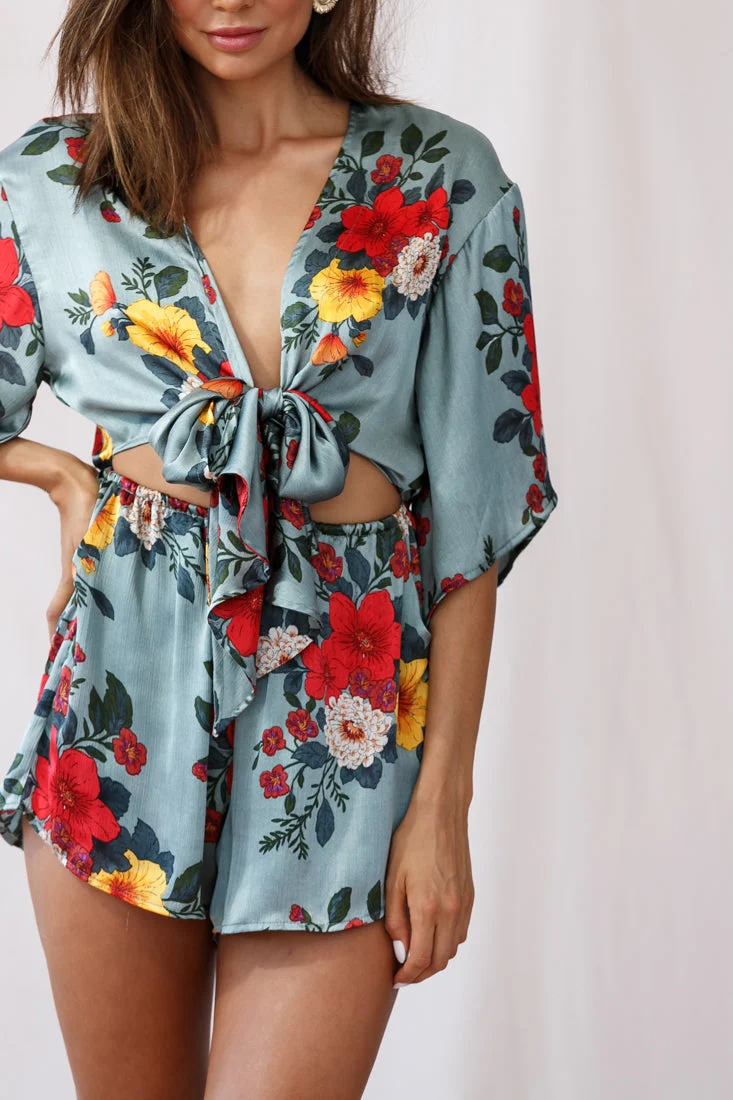 Rivera Tie-Knot Bell Sleeve Romper Sage - Image 4