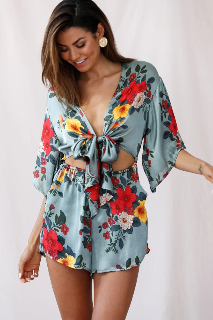 Rivera Tie-Knot Bell Sleeve Romper Sage - Image 5