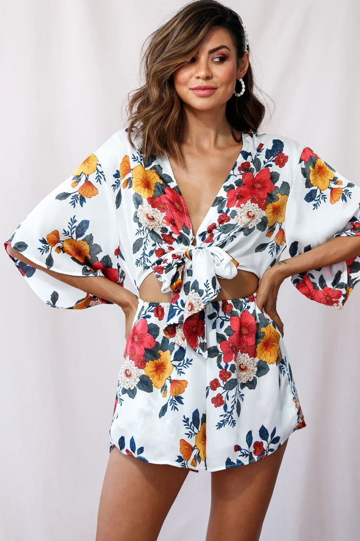 Rivera Tie-Knot Bell Sleeve Romper White - Image 2