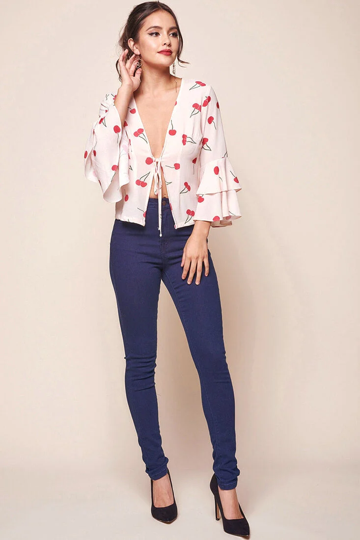 Robbi Bell Sleeved Cherry Top Beige - Image 2