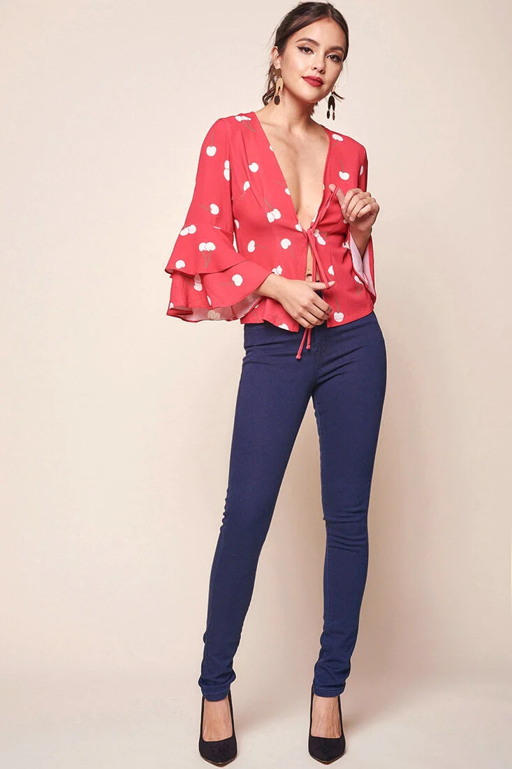 Robbi Cherry on Top Deep V Bell Sleeved Top Red - Image 2