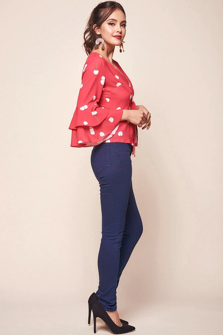 Robbi Cherry on Top Deep V Bell Sleeved Top Red - Image 3