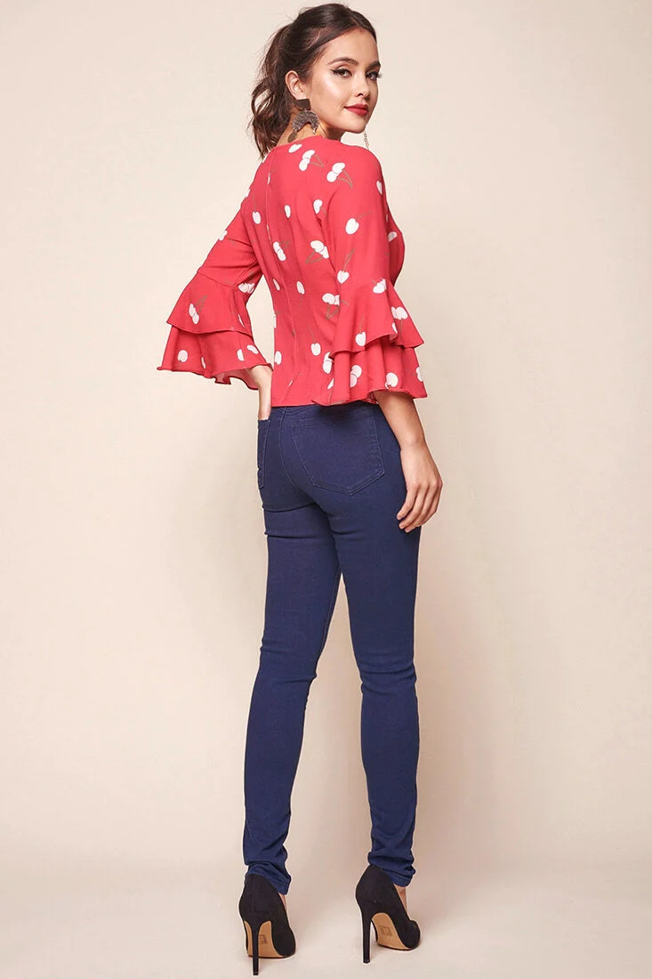 Robbi Cherry on Top Deep V Bell Sleeved Top Red - Image 4