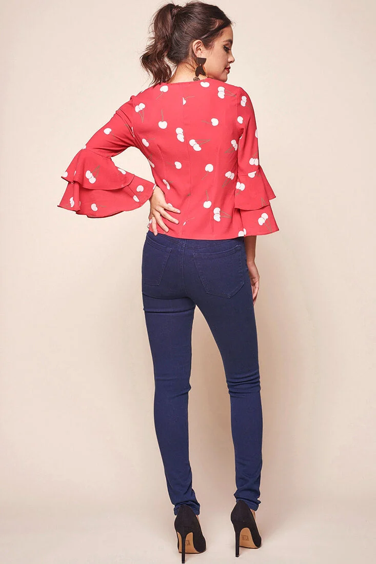Robbi Cherry on Top Deep V Bell Sleeved Top Red - Image 5