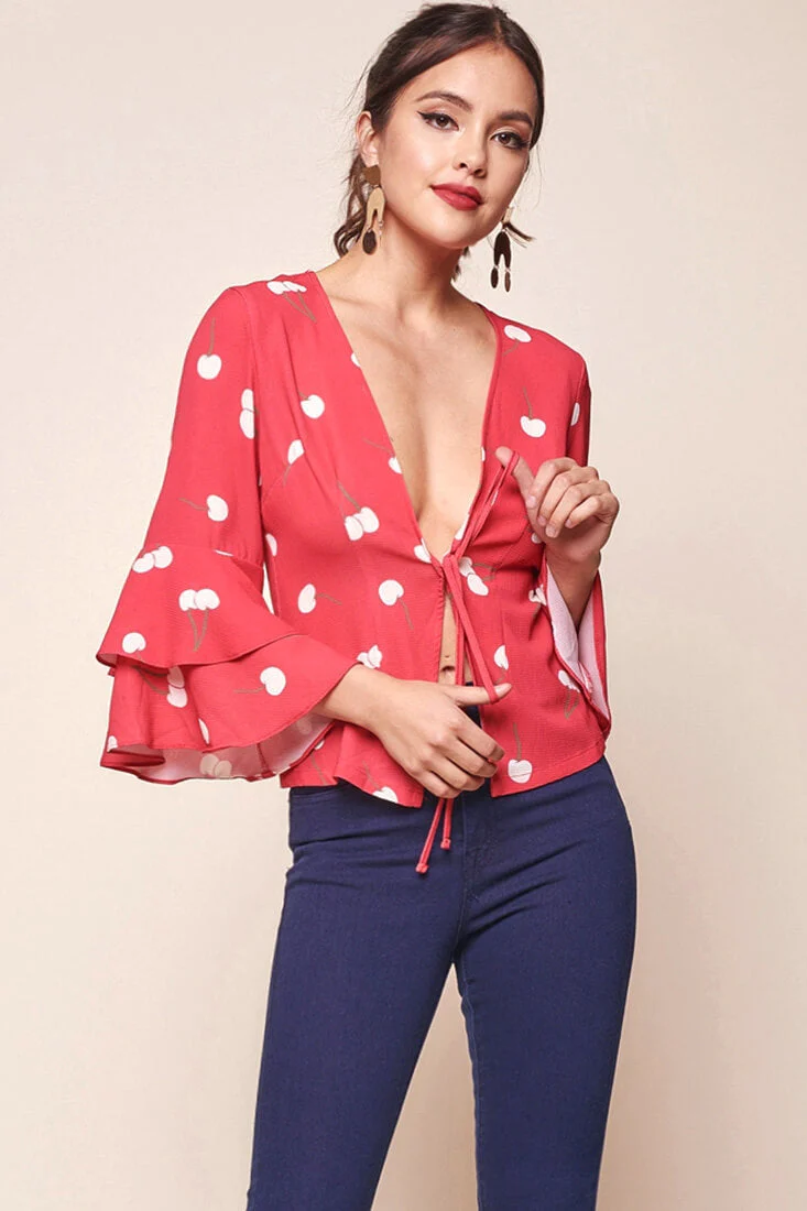 Robbi Cherry on Top Deep V Bell Sleeved Top Red - Image 6