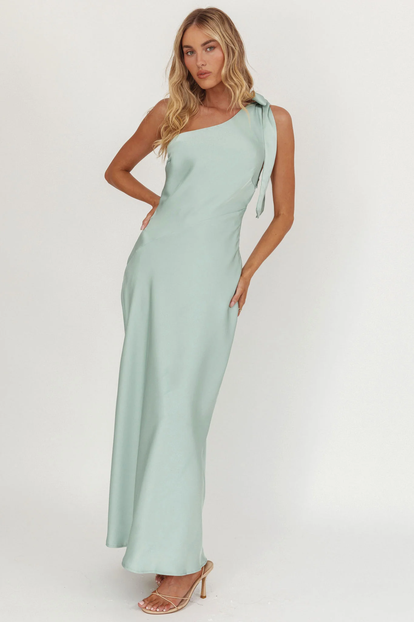 Robertah One-Shoulder Bow Maxi Dress Sage - Image 4