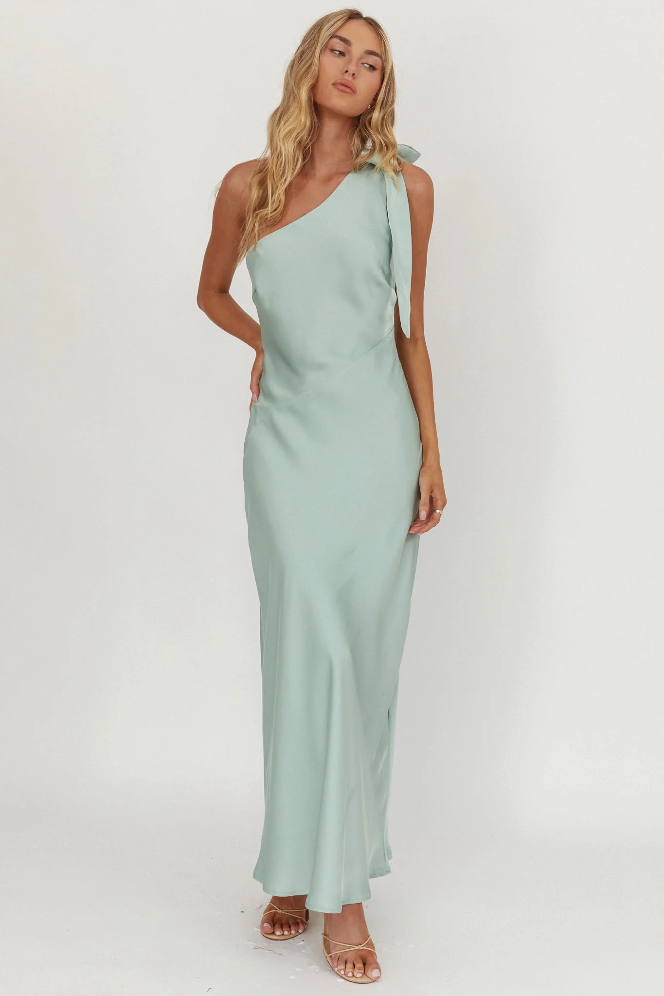 Robertah One-Shoulder Bow Maxi Dress Sage - Image 5