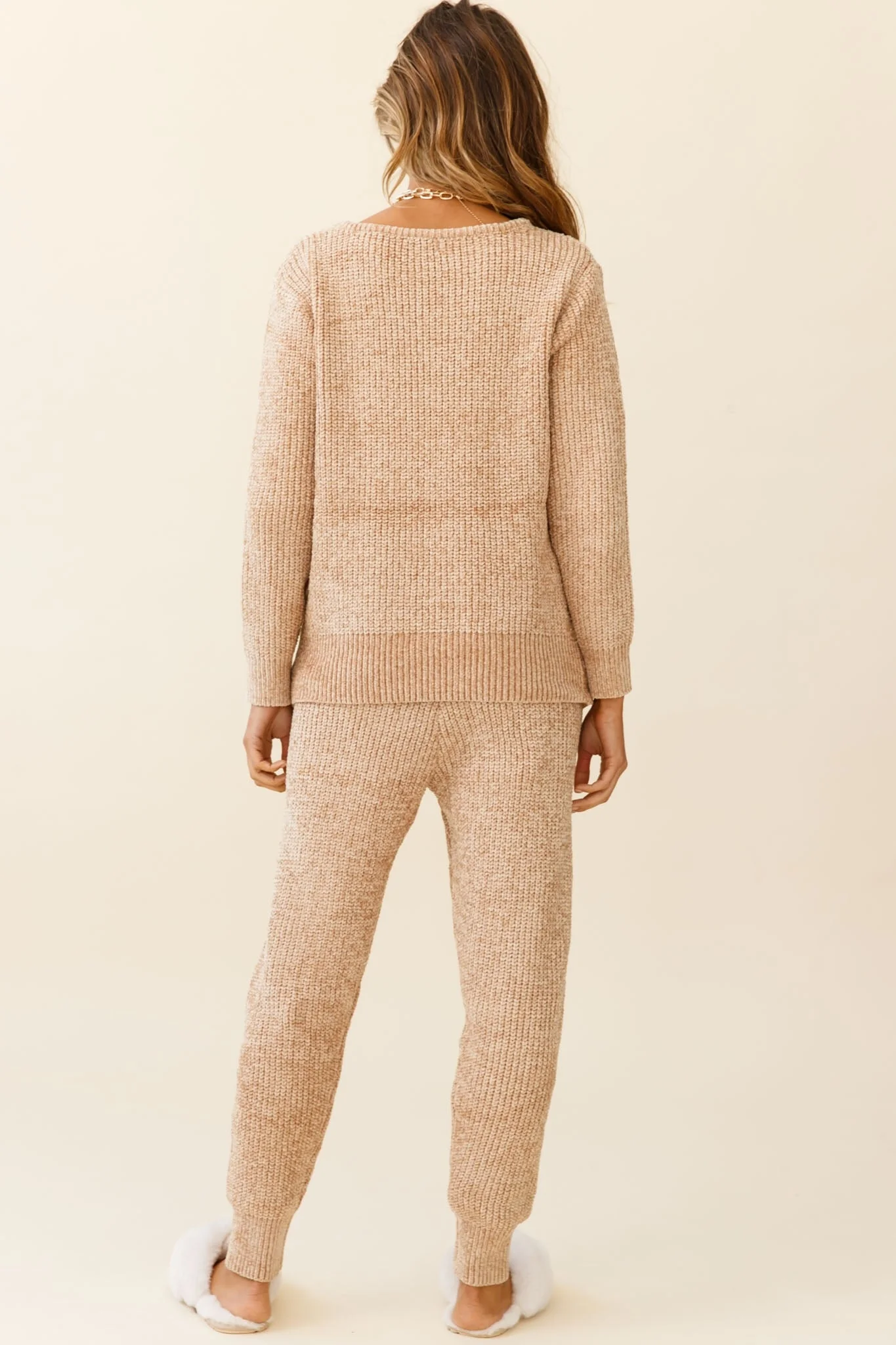 Robin Cuffed Hem Drawstring Ribbed Knit Pants Tan - Image 3