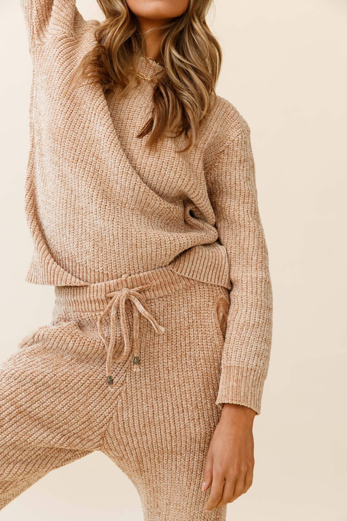 Robin Cuffed Hem Drawstring Ribbed Knit Pants Tan - Image 4
