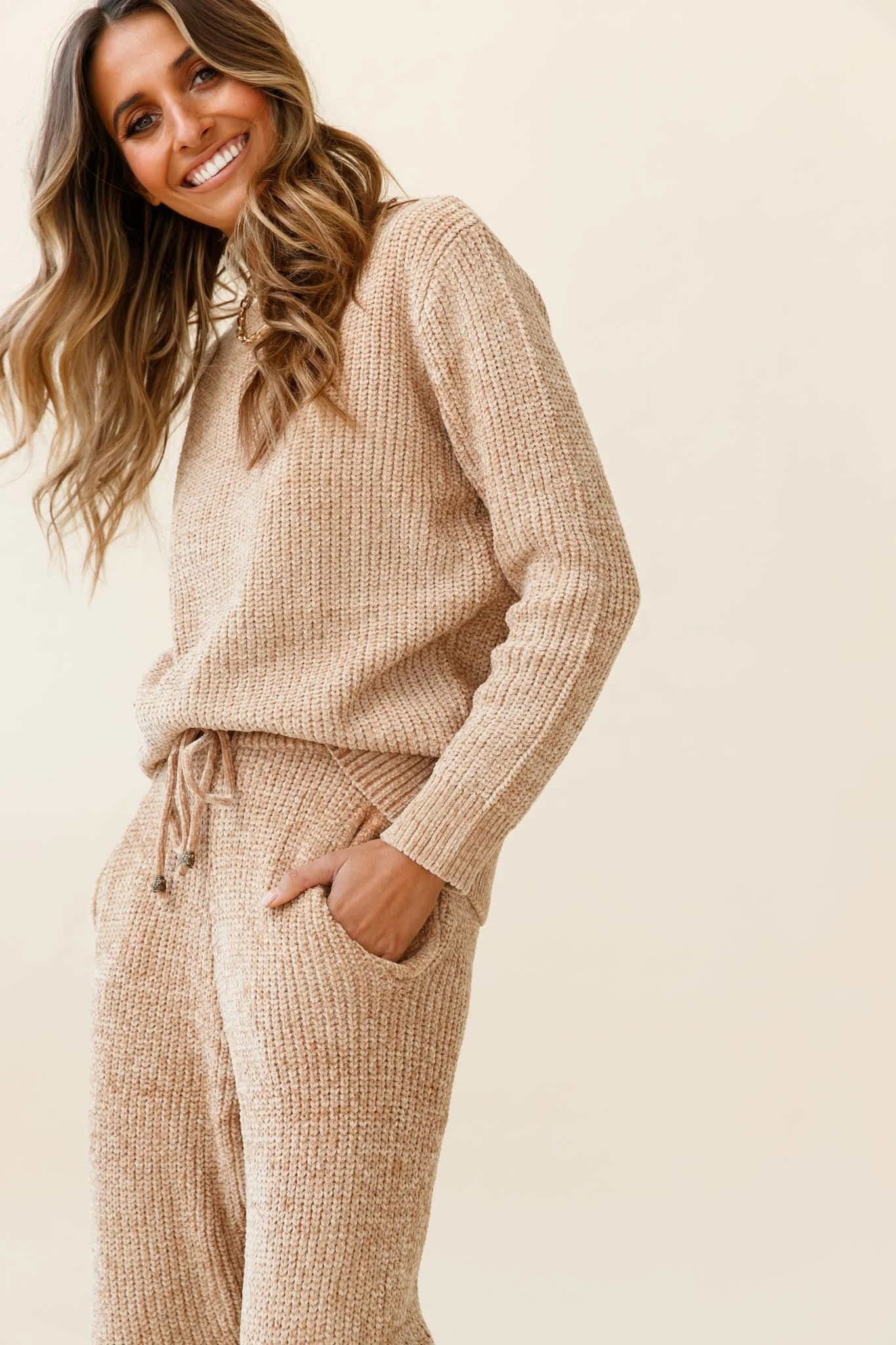 Robin Cuffed Hem Drawstring Ribbed Knit Pants Tan - Image 5