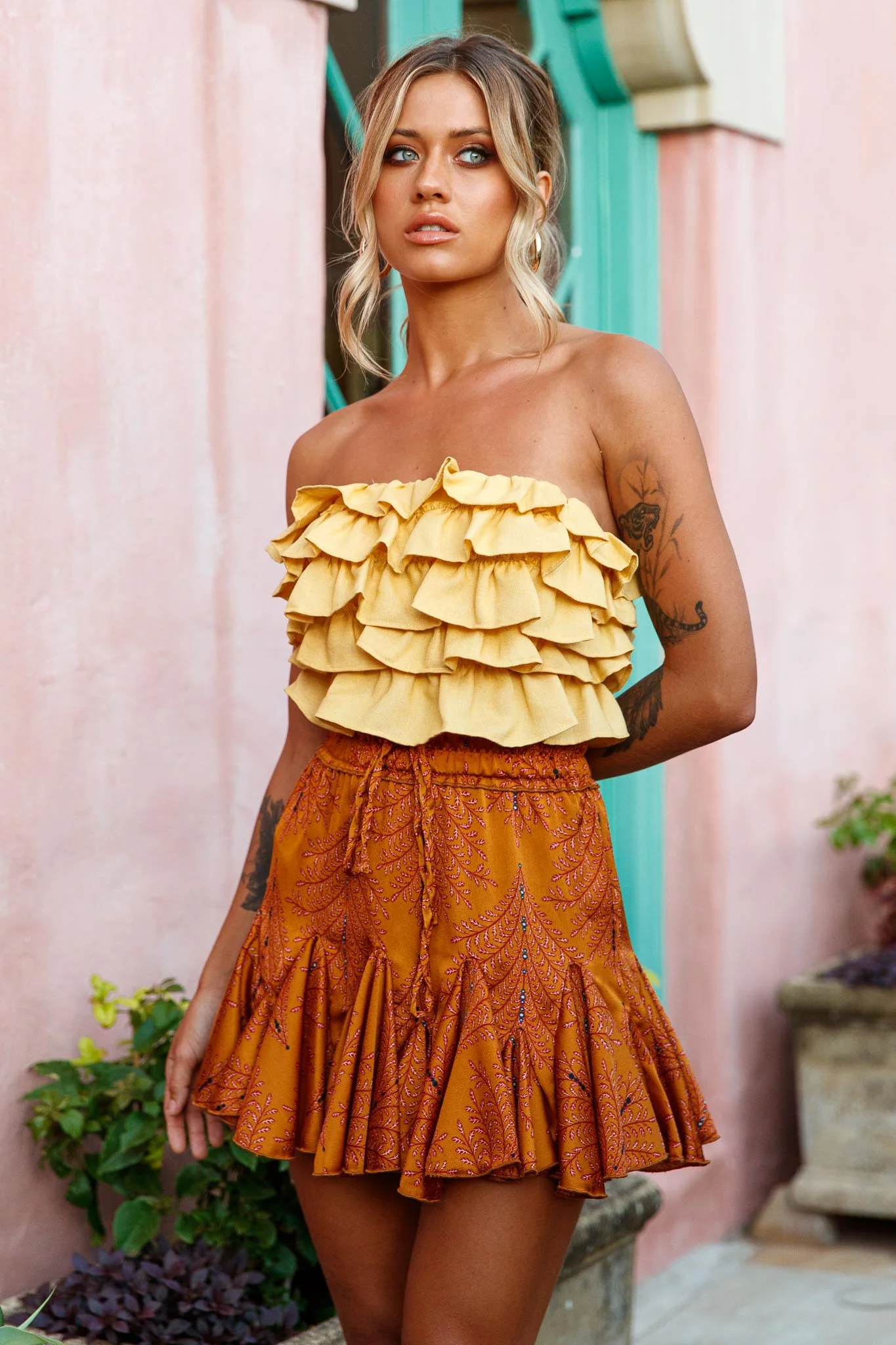Robyn Flounce Mini Skirt Leaf Pattern Mustard - Image 5