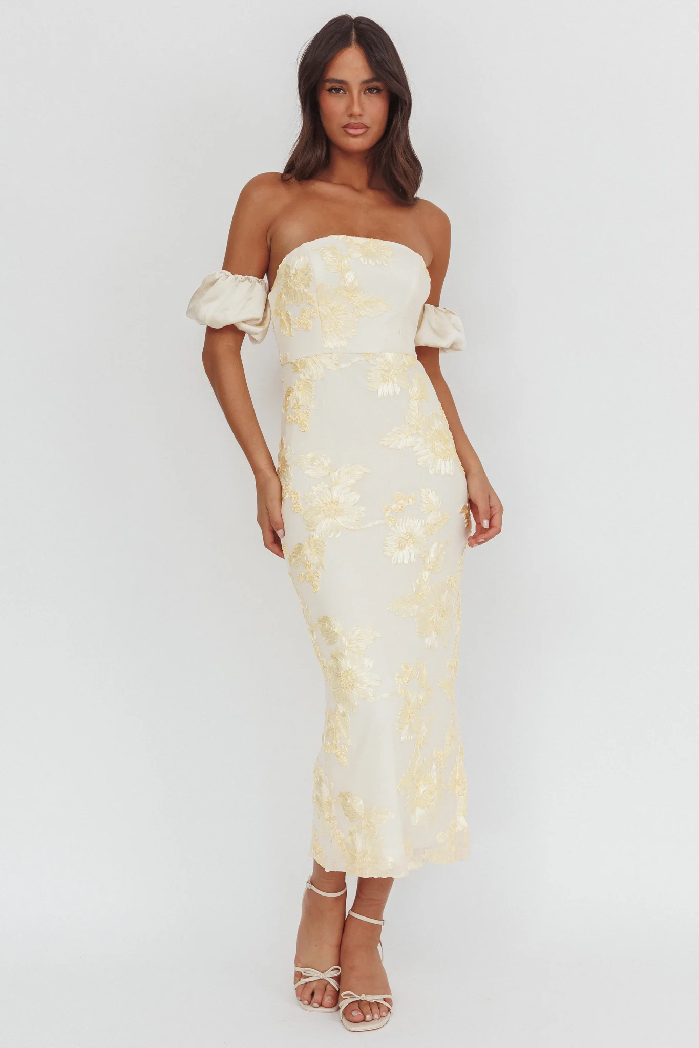 Roman Holiday Puff Sleeve Embellished Midi Dress Gold - Image 2