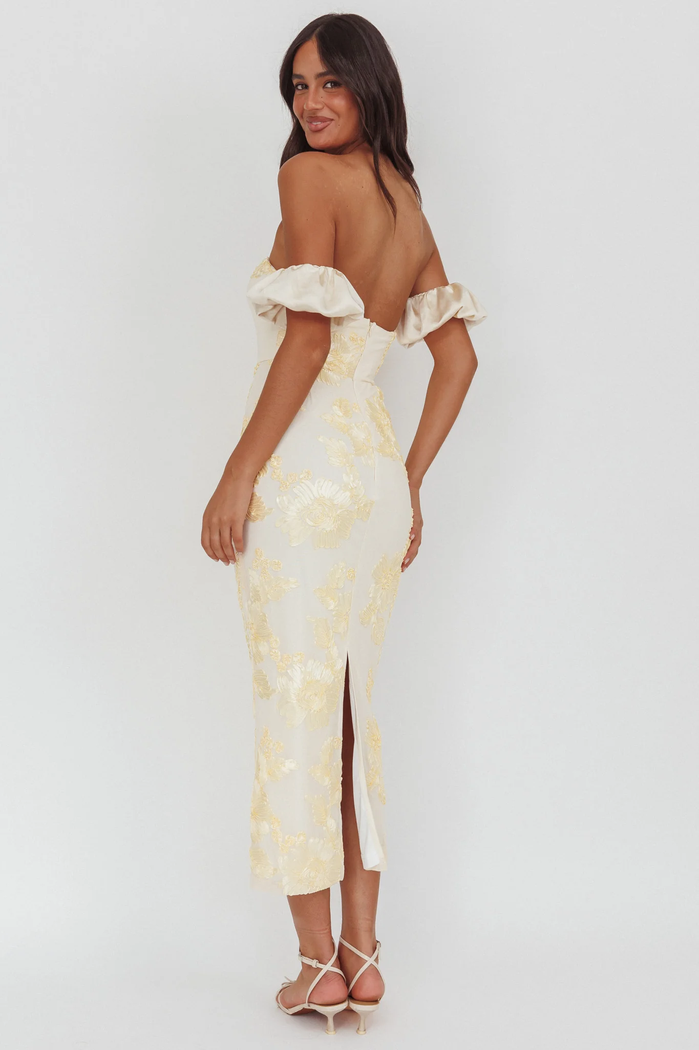 Roman Holiday Puff Sleeve Embellished Midi Dress Gold - Image 3