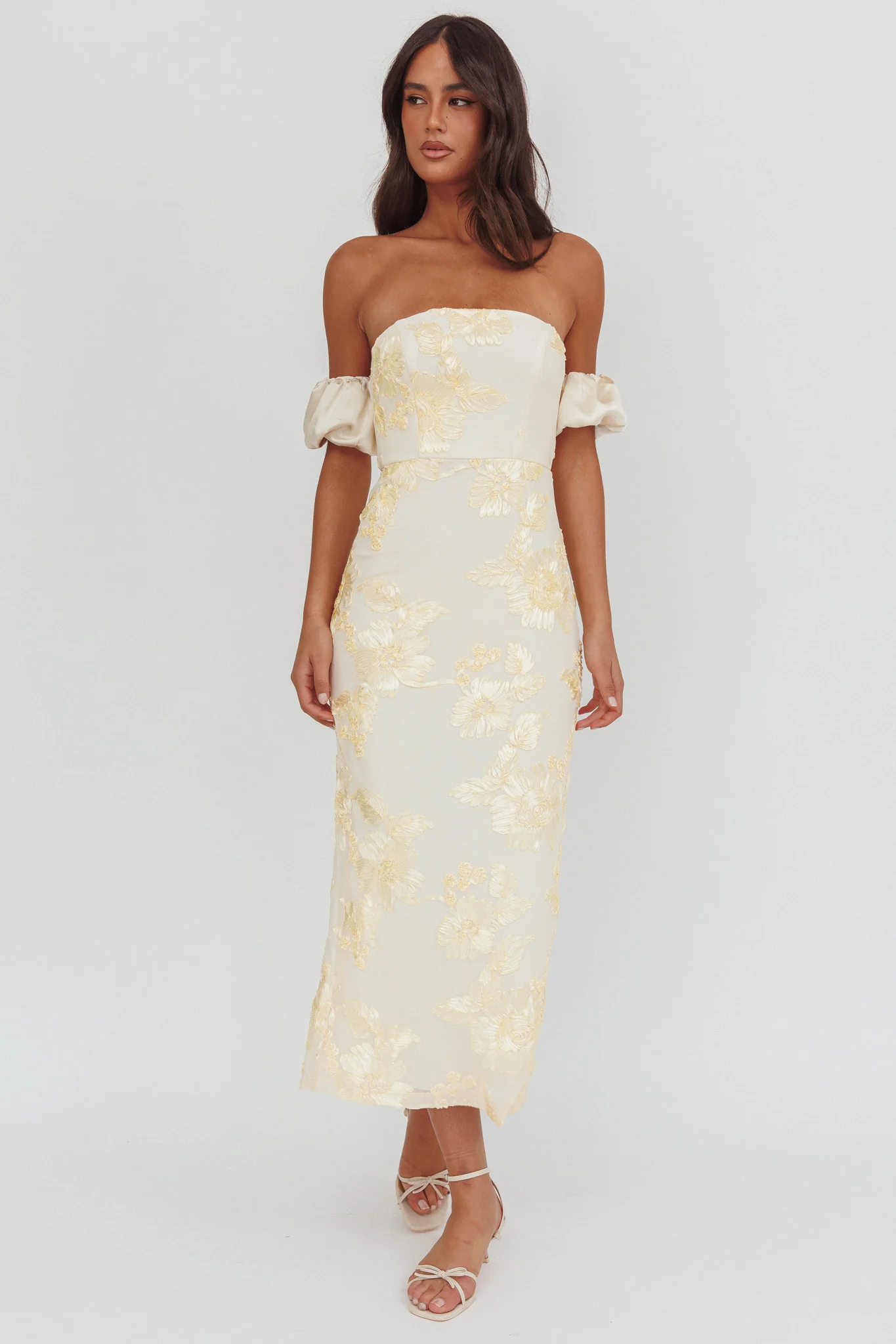 Roman Holiday Puff Sleeve Embellished Midi Dress Gold - Image 5