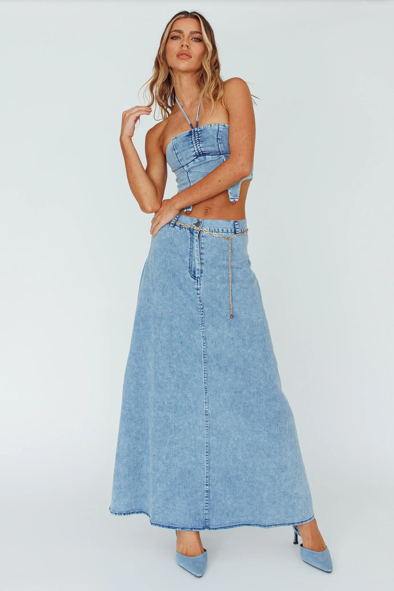 Romcom Halterneck Crop Top Denim Blue - Image 3