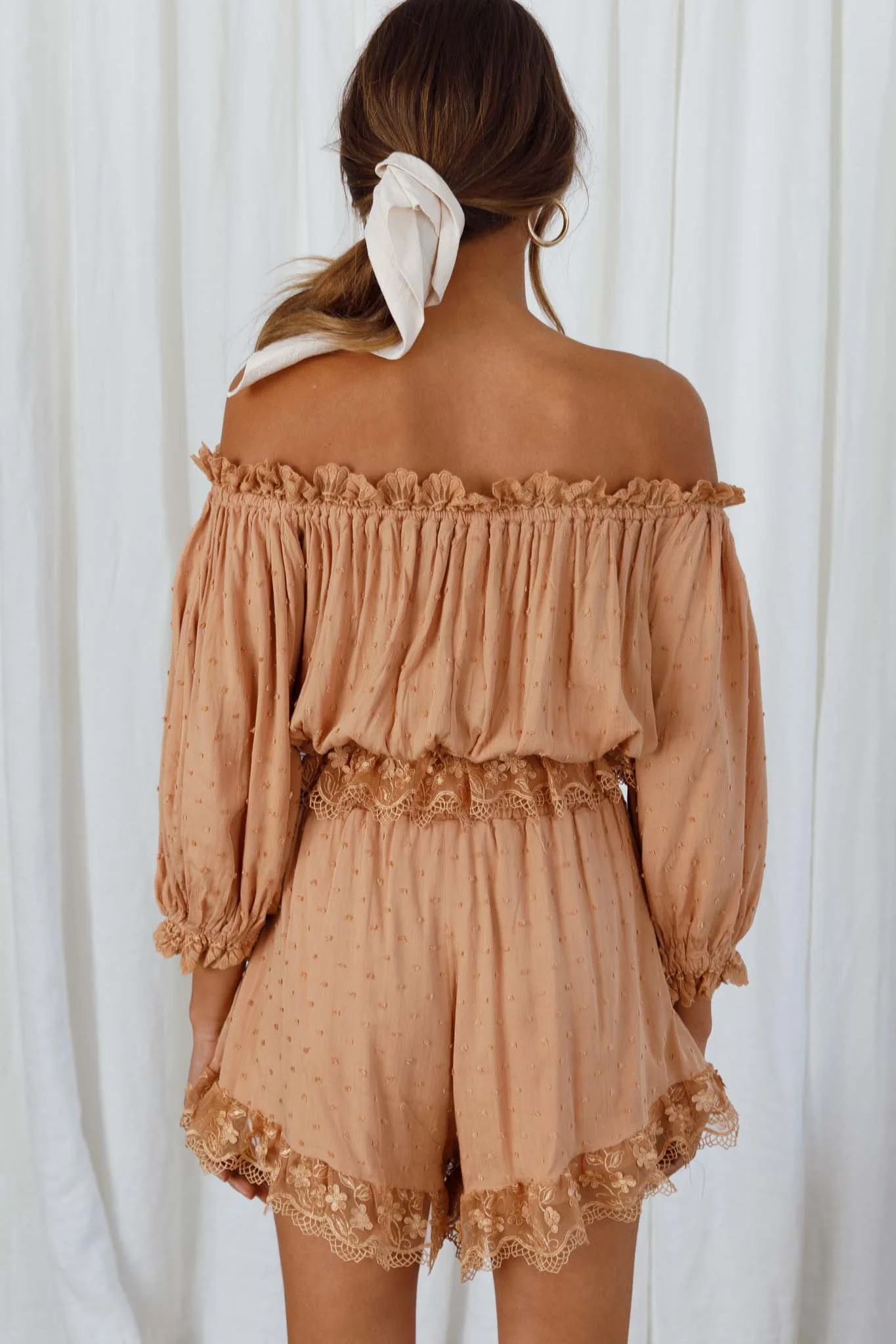 Romilly Scalloped Lace Trim Off-Shoulder Top Tan - Image 2