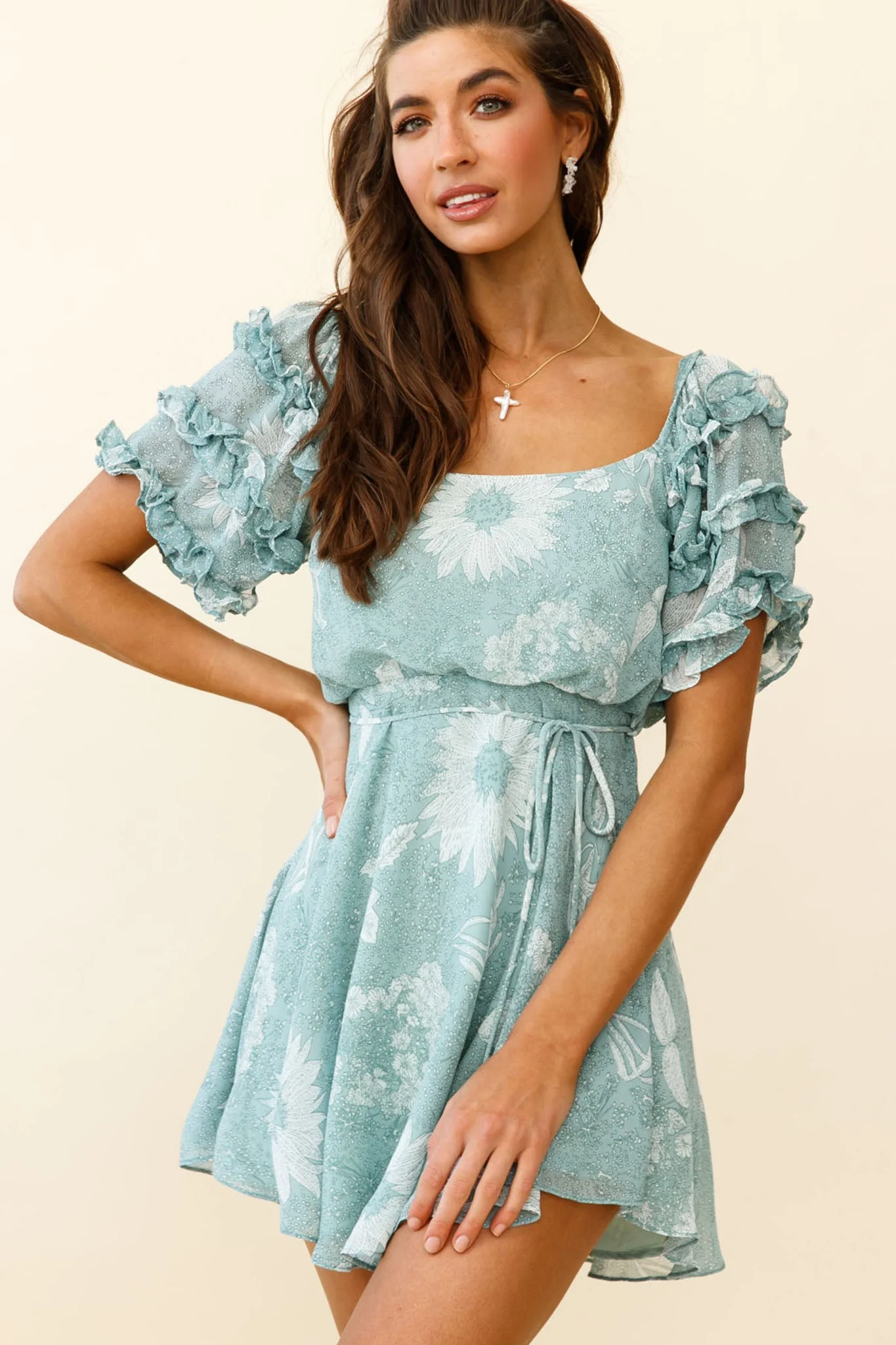Rosa Short Sleeve Frill Accent Dress Floral Print Sage - Image 7