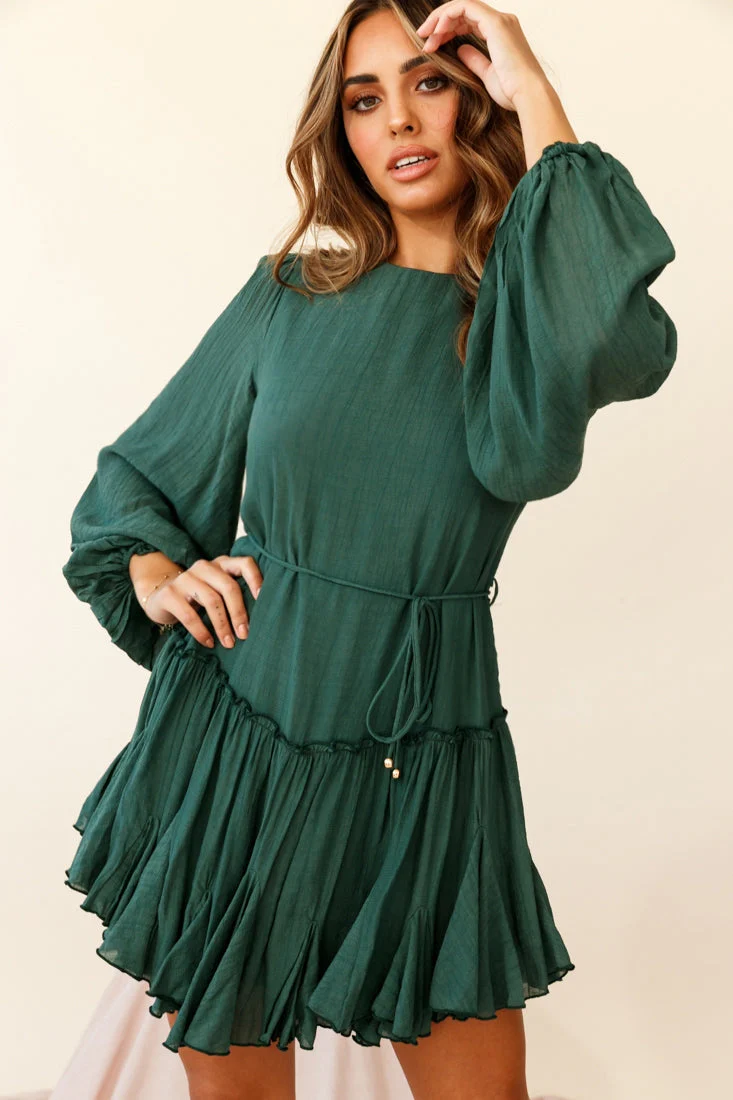 Rosabel Balloon Sleeve Fluted Hem Dress Green - Image 6