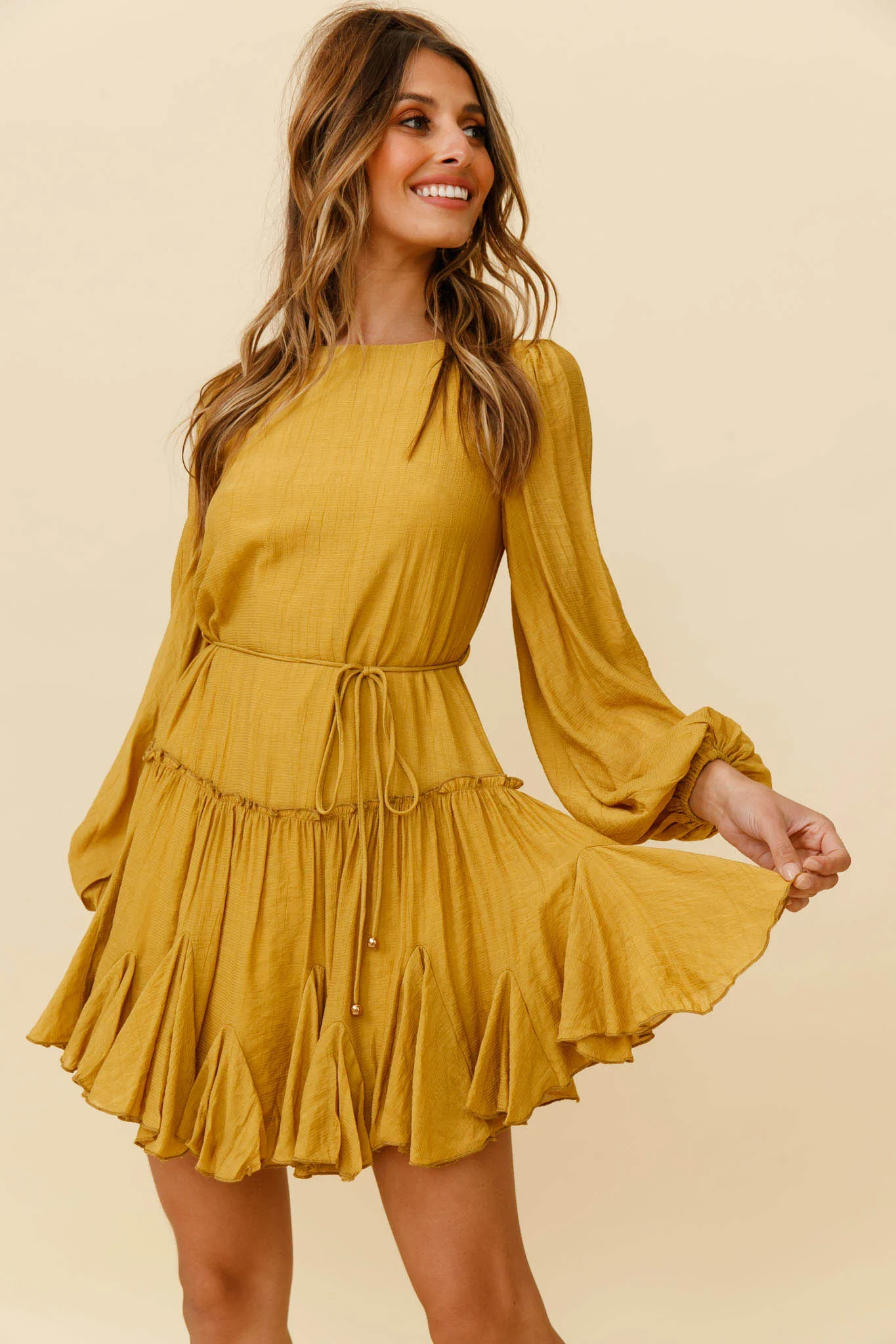 Rosabel Balloon Sleeve Fluted Hem Dress Mustard - Image 6