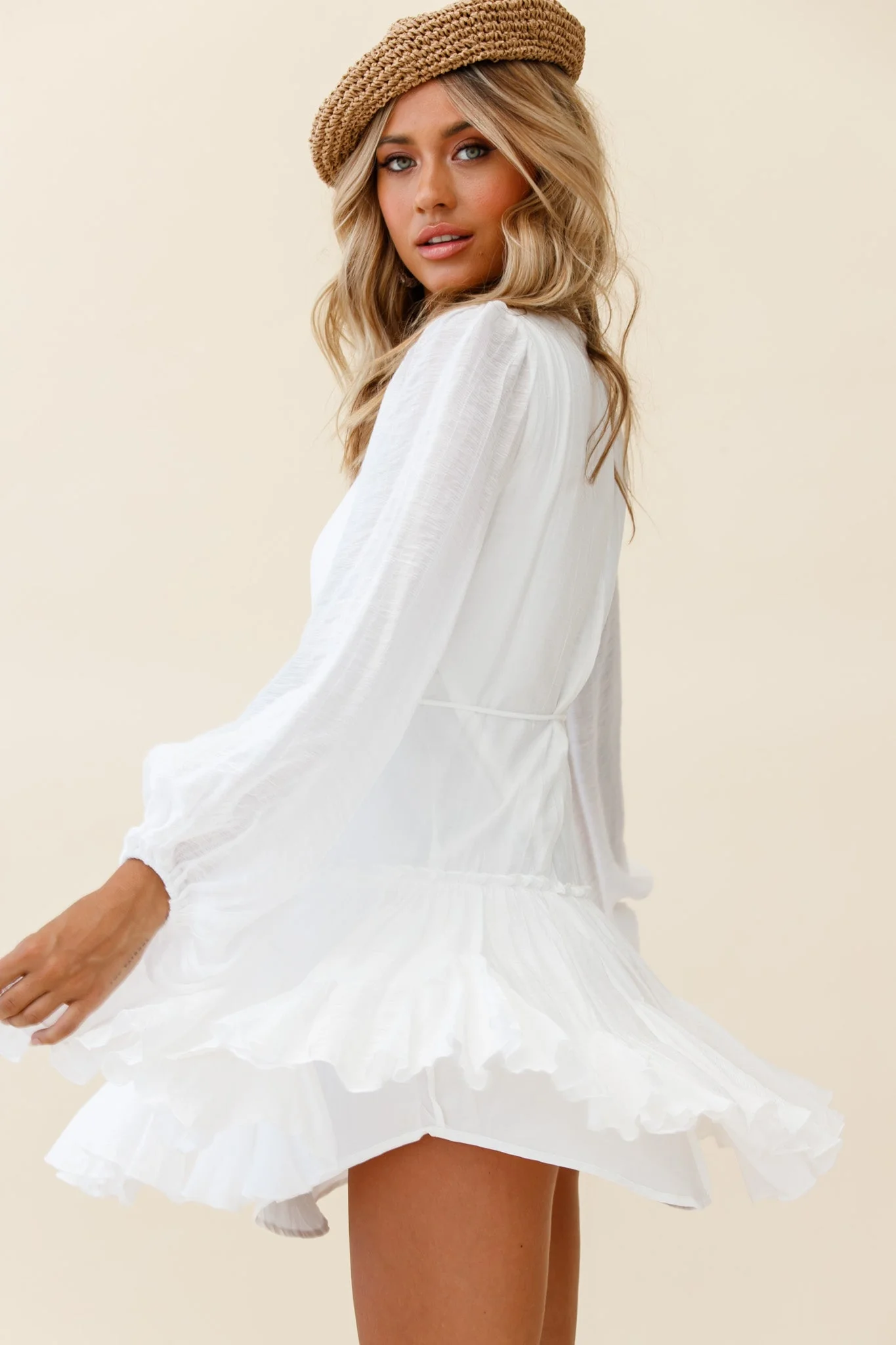 Rosabel Balloon Sleeve Fluted Hem Dress White - Image 2